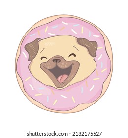 Puppy Pug with a pink donut. Humor poster, t-shirt composition, hand drawn style print. vector illustration.