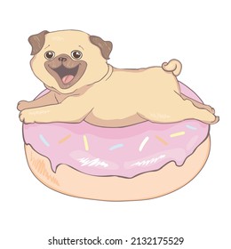 Puppy Pug with a pink donut. Humor poster, t-shirt composition, hand drawn style print. vector illustration.