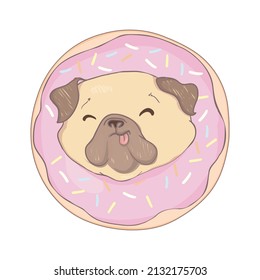 Puppy Pug with a pink donut. Humor poster, t-shirt composition, hand drawn style print. vector illustration.