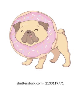 Puppy Pug with a pink donut. Humor poster, t-shirt composition, hand drawn style print. vector illustration.