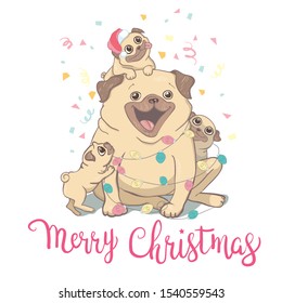 Puppy Pug in a Santa's hat and with Christmas toy ball. Vector illustration.