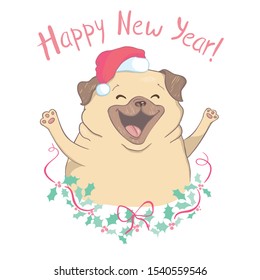 Puppy Pug in a Santa's hat and with Christmas toy ball. Vector illustration.