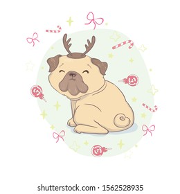 Puppy Pug in a Santa's hat and with Christmas toy ball. Vector illustration.