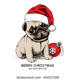 Puppy Pug in a Santa's hat and with Christmas toy ball. Vector illustration.