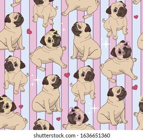 Puppy pug seamless pattern with vertical lines, hearts and shine. Vector.