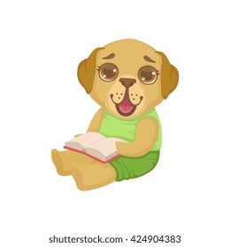 Puppy Reading A Book Colorful Illustration In Cute Girly Cartoon Style Isolated On White Background