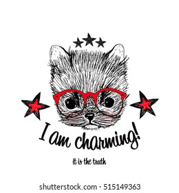 Puppy and red glasses illustration isolated on white background