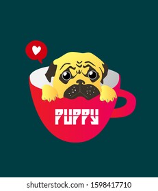 puppy in the red mug with love symbol vector illustration