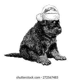 Puppy Rottweiler with santa claus hat hand drawn vector , use for christmas background