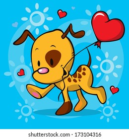puppy running with balloon - vector illustration