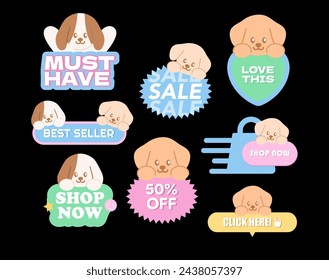 Puppy sale badges including Must Have, Sale, Love This, Best Seller, 50% Off, Shop Now, Click Here for online shopping, marketing, promotion, sticker, banner, button, campaign, discount, ad, dog, pet