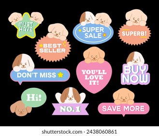 Puppy sale badges including Must Have, Super Sale, Best Seller, Buy Now, Hi, Don't Miss, Save More for online shopping, marketing, promotion, sticker, banner, button, campaign, discount, ads, dog, pet