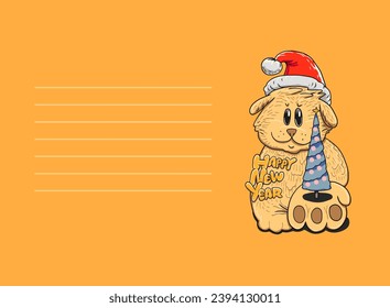 A puppy in a Santa hat Postcard. The puppy holds a Christmas tree in its paw. Printing and decoration. Notes, Shopping list. To-do list. Holiday gift.