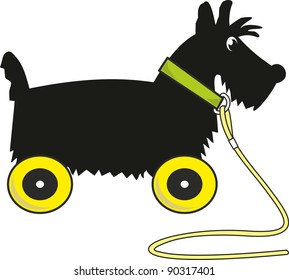 Puppy scotch terrier - toy on wheels - cartoon isolated vector illustration, white background