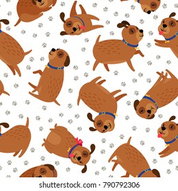 Puppy seamless pattern. Cute funny dog animal character background with pet paws footprints vector illustration