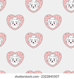 Welpe nahtlose Muster mit Herzen. Handgezeichnet, endloser Hintergrund mit weißem, flauschiger Hund. Bichon oder Maltesisch, Vektorgrafik auf Grau für Haustiere, Kinder, Mädchen