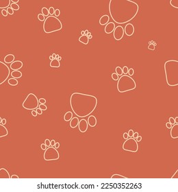 Puppy seamless pattern. Repeating pattern paw pets, dog or cat. Brown paws. Pet prints. Repeated animal background. Foot tracking. Walk for design print. Patern dogs or cats. Vector illustration