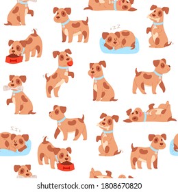 Puppy seamless pattern vector illustration. Cartoon flat cute happy little dog walking, funny pet eating bone food from bowl plate, sleeping on cozy pillow or playing. Domestic animal wallpaper design