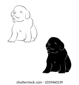Puppy silhouette and outline, on a white background