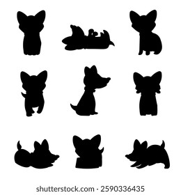 Puppy silhouettes. Black dog silhouettes in various playful and relaxed poses. Includes sitting, running, and lying down positions. Minimalistic flat vector illustrations set isolated on transparent.