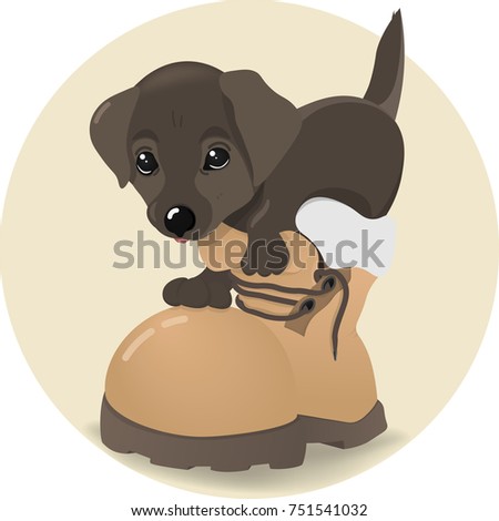 Puppy sitting in a boot. The dog gets out of the boot. Cartoon vector