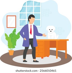 Puppy Sitting on Desk with Vet concept, Indoor Doctor checking the Doggy at clinic vector icon design, Pet foster and hotel Symbol, kennel animals Sign, Human-animal interaction scene illustration