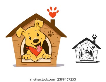 Puppy smiling dog and brown dog house with paw. Black and white version included.