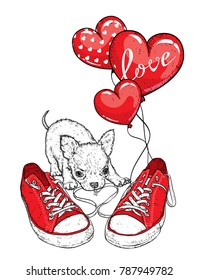 Puppy with sneakers and balls in the form of hearts. Vector illustration for a postcard or a poster, print for clothes. A pedigree dog and shoes. Valentine's Day, love and friendship.