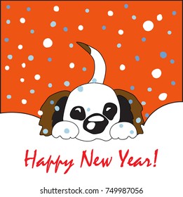 Puppy in the snow. Winter illustration. A dog sits in a snowdrift. Walk in the snow. Vector.
