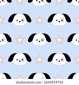 Puppy stars on blue background, white polka dots,fabric pattern, gift wrapping paper, seamless pattern 