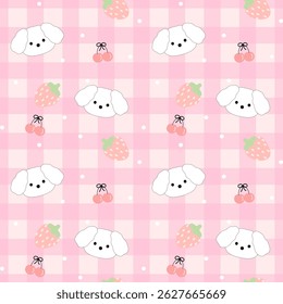 puppy  strawberry  cherry on pinkbackground, fabric pattern , seamless pattern , gift wrapping paper 