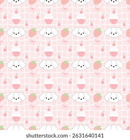 Puppy, strawberry, cupcake on pink background, checkerboard, fabric, wrapping paper , seamless pattern 