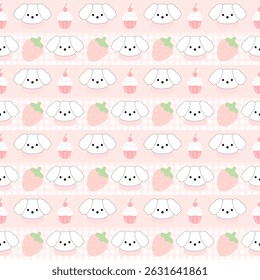 Puppy, strawberry, cupcake on pink background, checkerboard, fabric, wrapping paper , seamless pattern 