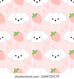 puppy strawberry heart on pink background, fabric pattern, gift wrapping paper, seamless pattern 