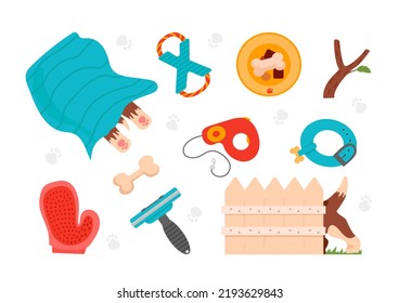 Puppy stuff. Nice set with dog care items. Toys, food bowl, bone, dog-collar, leash roulette, puppy behind the fence, sleeping under the covers. For stickers, veterinary flyers, books, design