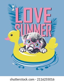 Puppy in sunglasses floats in pool on yellow duck rubber ring. Vector illustration.