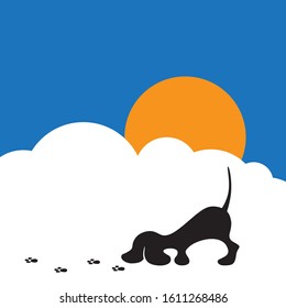 puppy tracking paws trail with clouds and sun in background, vector