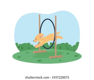 Puppy training 2D vector web banner, poster. Animal jumping through hoop flat character on cartoon background. Agility and skill competition for pets printable patch, colorful web element 