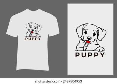 Puppy T-shirt Art Work Illustration, Line Art Style Design, Happy.
