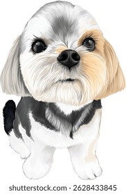 Puppy vector art mix dog maltese poodle White black brown tri color cute pet animal