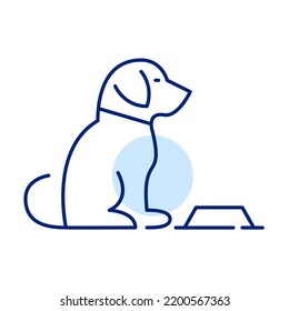 Puppy waiting for food in front of a bowl. Canine pet supplies and training. Pixel perfect, editable stroke icon