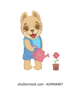 Puppy Watering Flowers Colorful Illustration In Cute Girly Cartoon Style Isolated On White Background