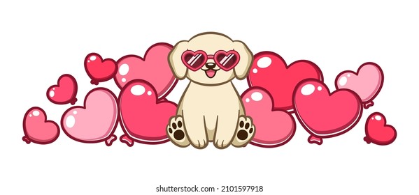 Puppy wearing heart sunglasses surrounded by heart balloons cartoon vector illustration.