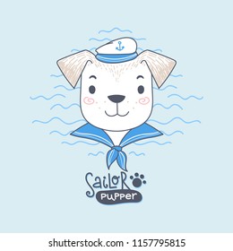 A puppy wearing a sailor uniform with an anchor on his hat. Sailor pupper vector hand drawn illustration. Print, invitation, baby shower, avatar, postcard, poster, greeting design.