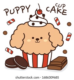 Puppy whipped cream cupcake cartoon. Cute dog hand drawn. Chocolate bar, cookie and cream, cherry doodle. Cartoon character design. Can be use for card, T-shirt print, Kids wear. Vector. Illustration.