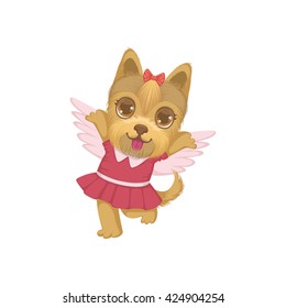 Puppy With The Wings Colorful Illustration In Cute Girly Cartoon Style Isolated On White Background