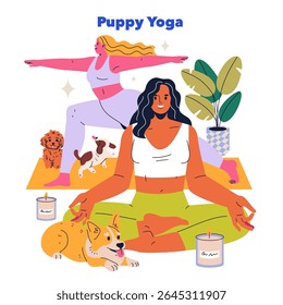 Puppy Yoga concept. A relaxing atmosphere featuring two women practicing yoga alongside adorable dogs, promoting mindfulness and well-being. Celebrate playful moments and the joy of companionship