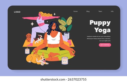 Puppy Yoga illustration. An engaging scene of individuals practicing yoga with puppies, promoting relaxation and joyful bonding with pets. A perfect representation of wellness and companionship