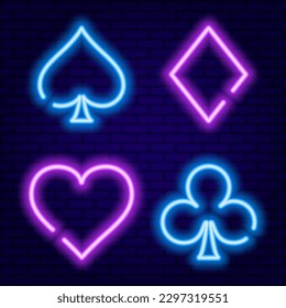 Puprle and Blue Neon Broken Line Card Suits for Poker and Casino on dark blue wall background vector illustration