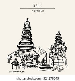 Pura Goa Lawah, an important Balinese Hindu temple in Padangbai, Bali, Indonesia, Asia. Traditional ceremony. Hand drawing. Travel sketch. Book illustration, postcard or poster template in vector